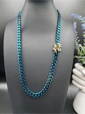 Men's Teal Blue Cuban Chain Necklace with Gold Clasp